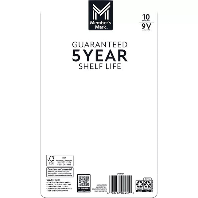 Members Mark Alkaline 9V Batteries, 10 Pack
