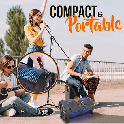Pyle Wireless Portable Bluetooth Boombox Speaker - 500W 2.1Ch Rechargeable Boom Box Speaker Portable Barrel Loud Stereo System with Flashing LED, Digital LCD Display,AUX,USB, 1/4" Mic in - PBMSPG180.5