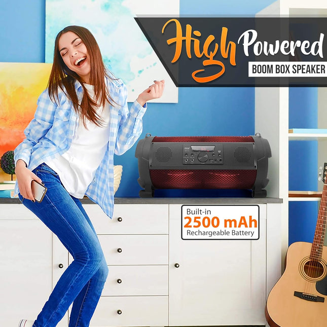 Pyle Wireless Portable Bluetooth Boombox Speaker - 500W 2.1Ch Rechargeable Boom Box Speaker Portable Barrel Loud Stereo System with Flashing LED, Digital LCD Display,AUX,USB, 1/4" Mic in - PBMSPG180.5