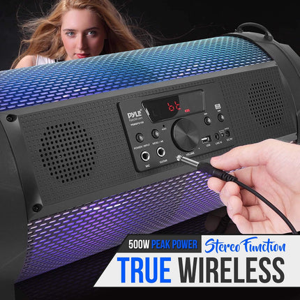 Pyle Wireless Portable Bluetooth Boombox Speaker - 500W 2.1Ch Rechargeable Boom Box Speaker Portable Barrel Loud Stereo System with Flashing LED, Digital LCD Display,AUX,USB, 1/4" Mic in - PBMSPG180.5