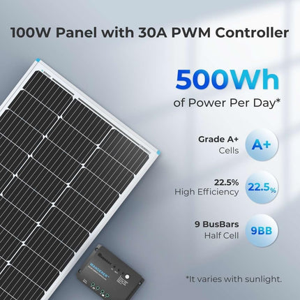 Renogy 100 Watt 12 Volt Solar Panel Starter Kit with 100W Monocrystalline Solar Panel + 30A PWM Charge Controller + Adaptor Kit + Tray Cables + Mounting Z Brackets for RV Boats Trailer Off-Grid System