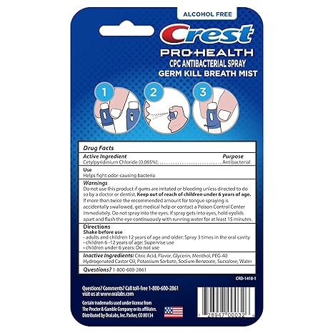 Crest Pro-Health | Portable Alcohol-Free CPC Mist with Clean Mint Flavor | Fights Odor-Causing Germs for Instant Fresh Breath - 1 Count (0.44oz) Breath Spray