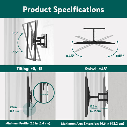onn. Full Motion TV Wall Mount for 50'' to 86'' TVs, up to 15� Tilting