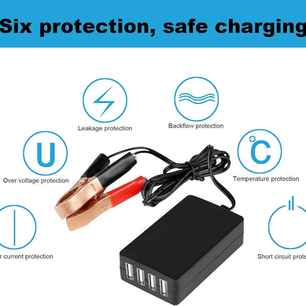 DC Converter with Battery Clip 12V 24V to 5V 8A USB Power Adapter Buck Regulator Charger, 4 Ports Automatically Identify shunt Charging, Suitable for iPhone Android Samsung Galaxy S10 s9 Plus