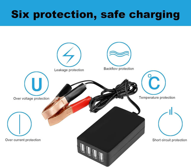 DC Converter with Battery Clip 12V 24V to 5V 8A USB Power Adapter Buck Regulator Charger, 4 Ports Automatically Identify shunt Charging, Suitable for iPhone Android Samsung Galaxy S10 s9 Plus