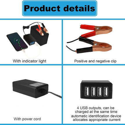 DC Converter with Battery Clip 12V 24V to 5V 8A USB Power Adapter Buck Regulator Charger, 4 Ports Automatically Identify shunt Charging, Suitable for iPhone Android Samsung Galaxy S10 s9 Plus