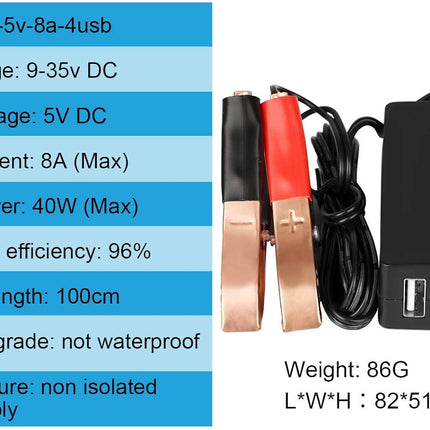 DC Converter with Battery Clip 12V 24V to 5V 8A USB Power Adapter Buck Regulator Charger, 4 Ports Automatically Identify shunt Charging, Suitable for iPhone Android Samsung Galaxy S10 s9 Plus