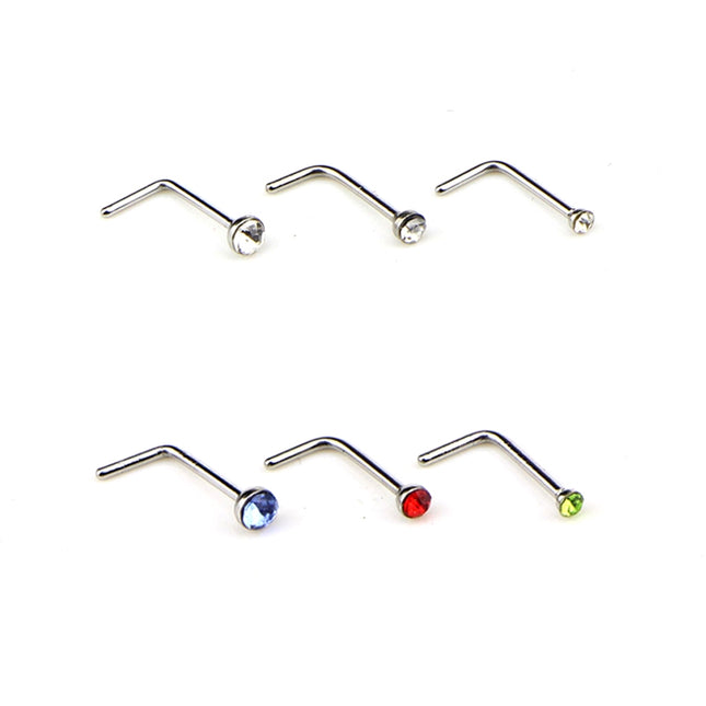Color Mixed Diamond Shape Stainless Steel Nose Stud Rings L Shaped Piercing Jewelry,Pin Length: 7mm, pin diameter: 0.6mm (Color)
