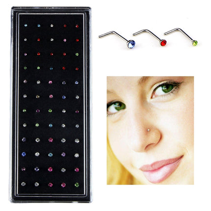 Color Mixed Diamond Shape Stainless Steel Nose Stud Rings L Shaped Piercing Jewelry,Pin Length: 7mm, pin diameter: 0.6mm (Color)