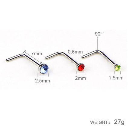 Color Mixed Diamond Shape Stainless Steel Nose Stud Rings L Shaped Piercing Jewelry,Pin Length: 7mm, pin diameter: 0.6mm (Color)