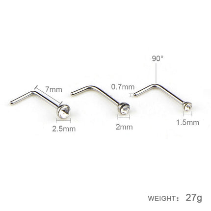 Color Mixed Diamond Shape Stainless Steel Nose Stud Rings L Shaped Piercing Jewelry,Pin Length: 7mm, pin diameter: 0.6mm (White)