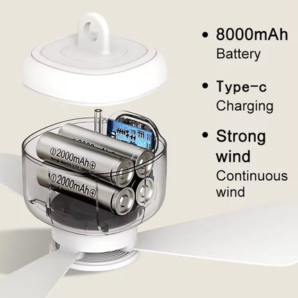 Mini Ceiling Fan Portable Camping Fan With Light & Remote Built In 8000mAh Battery(White)