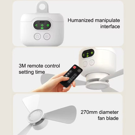 Mini Ceiling Fan Portable Camping Fan With Light & Remote Built In 8000mAh Battery(White)