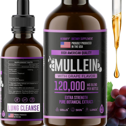 HERBIFY Mullein Drops - Lung Cleanse - Leaf Extract - Powerful Mullein for Immune Support,Detox & Respiratory Support