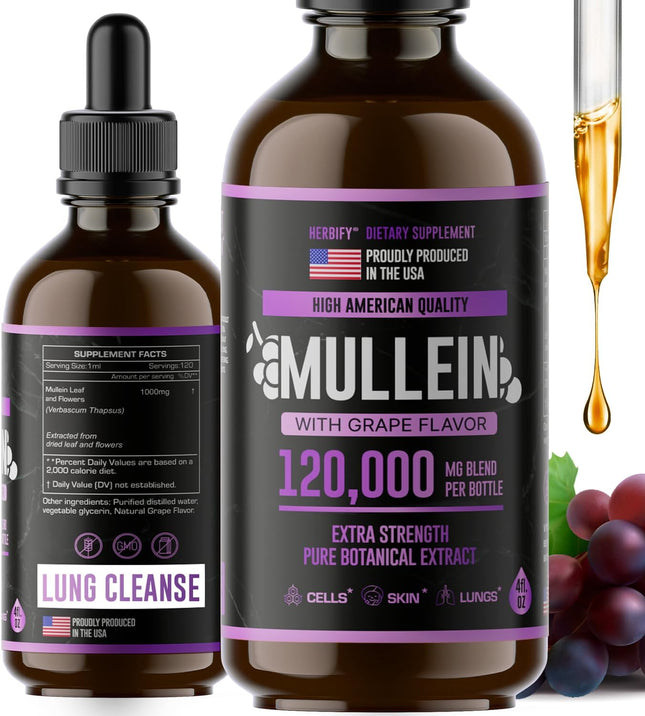 HERBIFY Mullein Drops - Lung Cleanse - Leaf Extract - Powerful Mullein for Immune Support,Detox & Respiratory Support
