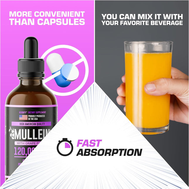 HERBIFY Mullein Drops - Lung Cleanse - Leaf Extract - Powerful Mullein for Immune Support,Detox & Respiratory Support