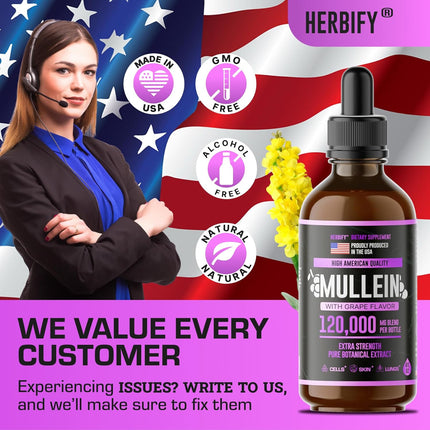 HERBIFY Mullein Drops - Lung Cleanse - Leaf Extract - Powerful Mullein for Immune Support,Detox & Respiratory Support