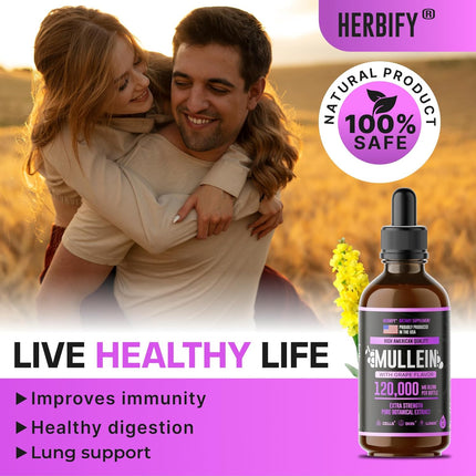HERBIFY Mullein Drops - Lung Cleanse - Leaf Extract - Powerful Mullein for Immune Support,Detox & Respiratory Support