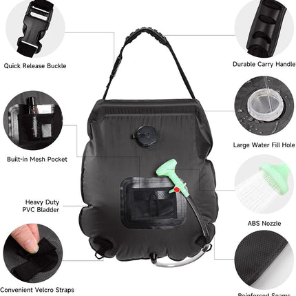 Unniweei Solar Portable Shower Bag, 5 Gal/20L Solar Heating Camping Shower Bag with Removable Hose&On-Off Switchable Shower Head, Compact Camping Shower for Camping, Hiking, Traveling, Beach Swimming