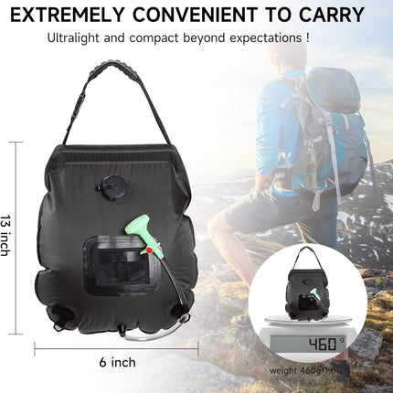 Unniweei Solar Portable Shower Bag, 5 Gal/20L Solar Heating Camping Shower Bag with Removable Hose&On-Off Switchable Shower Head, Compact Camping Shower for Camping, Hiking, Traveling, Beach Swimming