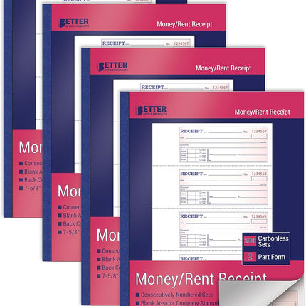 Better Office Products Cash Money and Rent Receipt Books, Large Size, 2-Part Carbonless (White/Canary Yellow), 7-5/8 x 10-7/8 inches