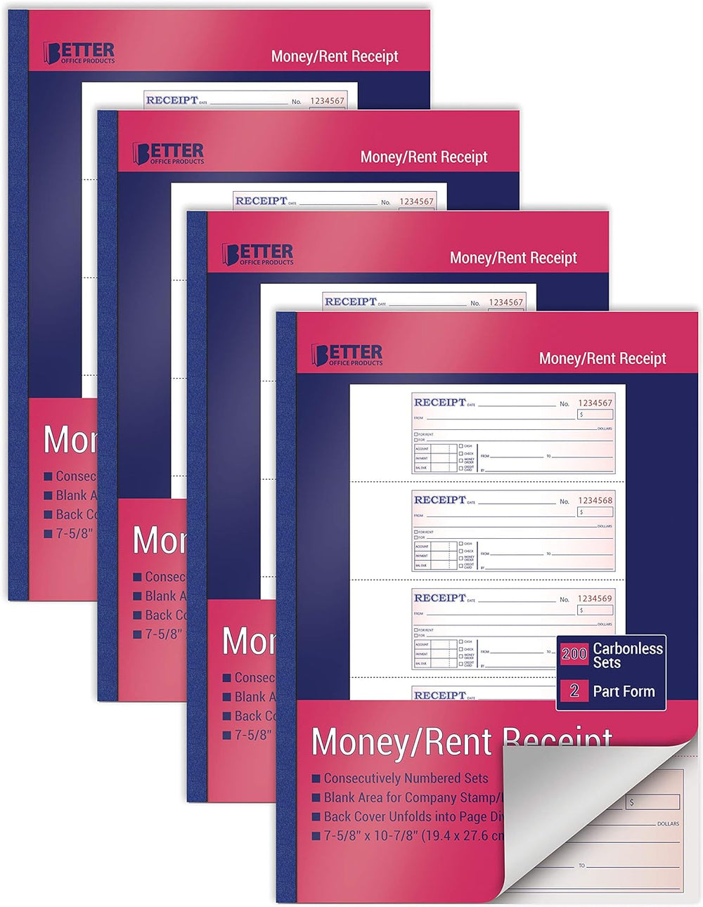 Better Office Products Cash Money and Rent Receipt Books, Large Size, 2-Part Carbonless (White/Canary Yellow), 7-5/8 x 10-7/8 inches