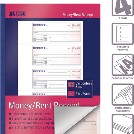 Better Office Products Cash Money and Rent Receipt Books, Large Size, 2-Part Carbonless (White/Canary Yellow), 7-5/8 x 10-7/8 inches