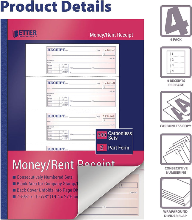 Better Office Products Cash Money and Rent Receipt Books, Large Size, 2-Part Carbonless (White/Canary Yellow), 7-5/8 x 10-7/8 inches