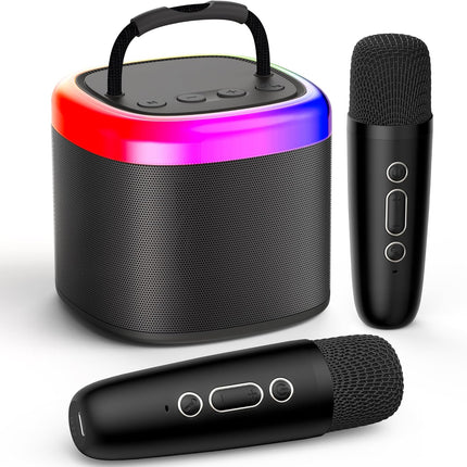 JYX Mini Karaoke Machine, Portable Bluetooth Karaoke Speaker Unpowered Cabinets with 2 Wireless Microphones and Party Lights for Kids and Adults, Birthday Gifts for Girls Boys Family Home Party(Black)