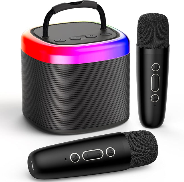 JYX Mini Karaoke Machine, Portable Bluetooth Karaoke Speaker Unpowered Cabinets with 2 Wireless Microphones and Party Lights for Kids and Adults, Birthday Gifts for Girls Boys Family Home Party(Black)