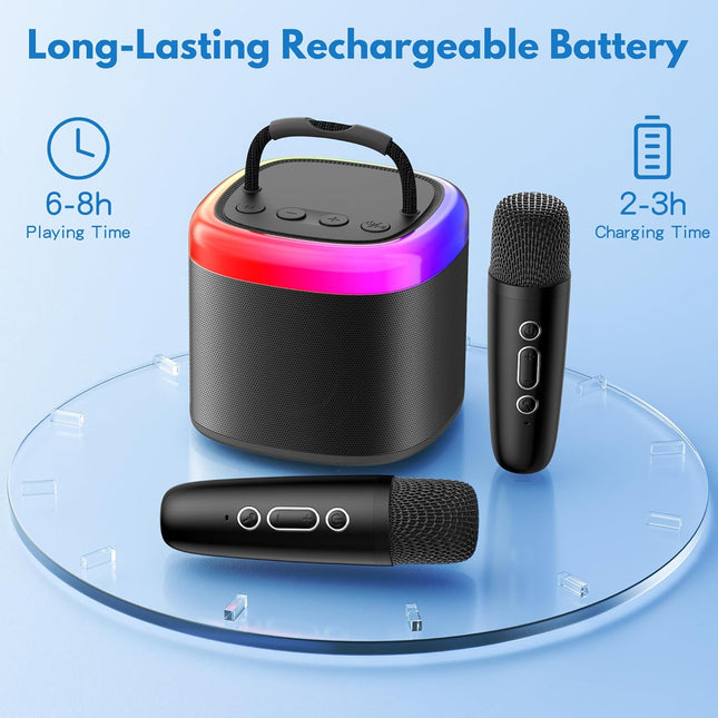 JYX Mini Karaoke Machine, Portable Bluetooth Karaoke Speaker Unpowered Cabinets with 2 Wireless Microphones and Party Lights for Kids and Adults, Birthday Gifts for Girls Boys Family Home Party(Black)