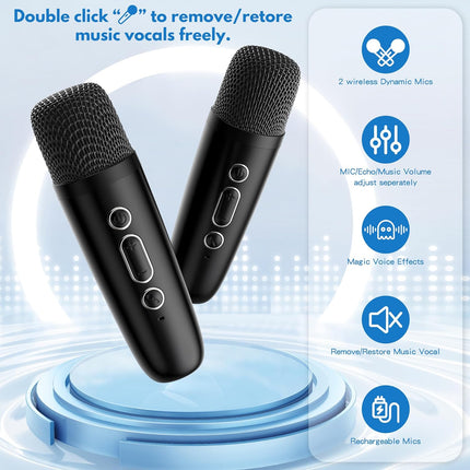 JYX Mini Karaoke Machine, Portable Bluetooth Karaoke Speaker Unpowered Cabinets with 2 Wireless Microphones and Party Lights for Kids and Adults, Birthday Gifts for Girls Boys Family Home Party(Black)