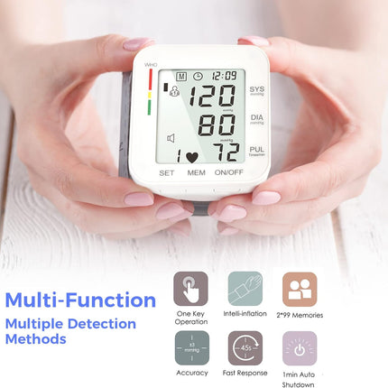 MMIZOO Wrist Blood Pressure Monitor Bp Monitor Large LCD Display Blood Pressure Machine Adjustable Wrist Cuff 5.317.68inch Automatic 99x2 Sets Memory with Carrying Case for Home Use (W1681)