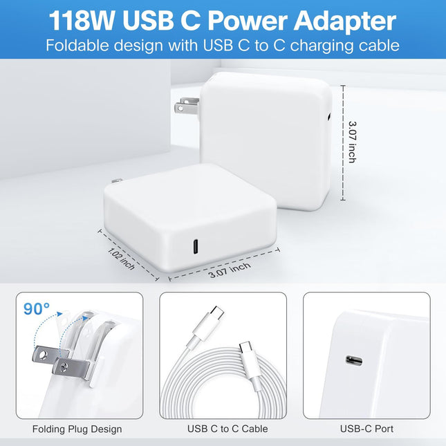 Mac Book Pro Charger - 118W USB C Fast Charger Power Adapter Compatible with USB C Port MacBook Pro/MacBook Air16 15 14 13 Inch, New iPad Pro and All USB C Device, Included 7.2ft USB C Charge Cable