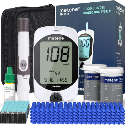Metene TD-4116 Blood Glucose Monitor Kit, 100 Glucometer Strips, 100 Lancets, 1 Blood Sugar Monitor, Blood SugarTest Kit with Control Solution, Lancing Device, No Coding, Large Display