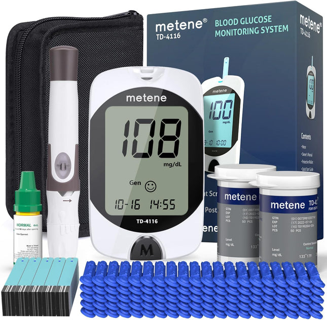 Metene TD-4116 Blood Glucose Monitor Kit, 100 Glucometer Strips, 100 Lancets, 1 Blood Sugar Monitor, Blood SugarTest Kit with Control Solution, Lancing Device, No Coding, Large Display