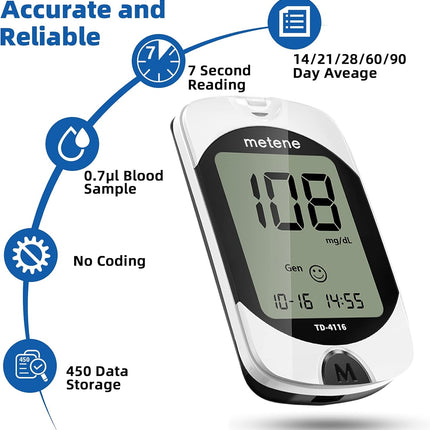 Metene TD-4116 Blood Glucose Monitor Kit, 100 Glucometer Strips, 100 Lancets, 1 Blood Sugar Monitor, Blood SugarTest Kit with Control Solution, Lancing Device, No Coding, Large Display