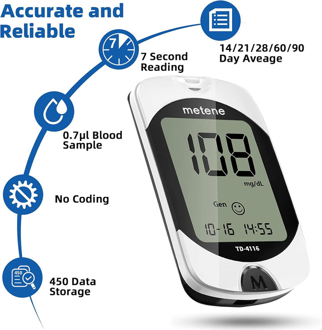 Metene TD-4116 Blood Glucose Monitor Kit, 100 Glucometer Strips, 100 Lancets, 1 Blood Sugar Monitor, Blood SugarTest Kit with Control Solution, Lancing Device, No Coding, Large Display