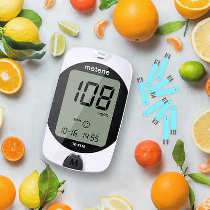 Metene TD-4116 Blood Glucose Monitor Kit, 100 Glucometer Strips, 100 Lancets, 1 Blood Sugar Monitor, Blood SugarTest Kit with Control Solution, Lancing Device, No Coding, Large Display