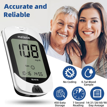 Metene TD-4116 Blood Glucose Monitor Kit, 100 Glucometer Strips, 100 Lancets, 1 Blood Sugar Monitor, Blood SugarTest Kit with Control Solution, Lancing Device, No Coding, Large Display