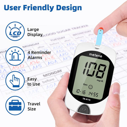 Metene TD-4116 Blood Glucose Monitor Kit, 100 Glucometer Strips, 100 Lancets, 1 Blood Sugar Monitor, Blood SugarTest Kit with Control Solution, Lancing Device, No Coding, Large Display