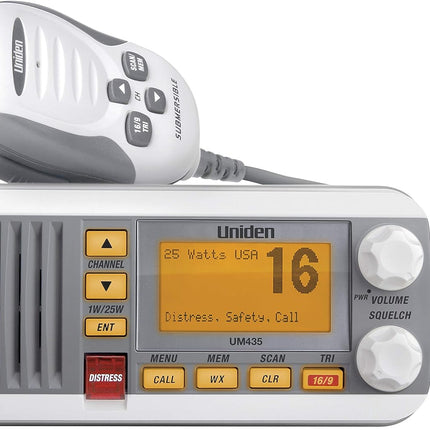 Uniden UM435 Advanced Fixed Mount VHF Marine Radio, All USA/International/Canadian Marine Channels Including New4-Digit, CDN “B” Channels, 1 Watt/25 Watt Power, Waterproof IPX8 Submersible, White