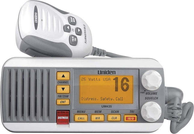 Uniden UM435 Advanced Fixed Mount VHF Marine Radio, All USA/International/Canadian Marine Channels Including New4-Digit, CDN “B” Channels, 1 Watt/25 Watt Power, Waterproof IPX8 Submersible, White