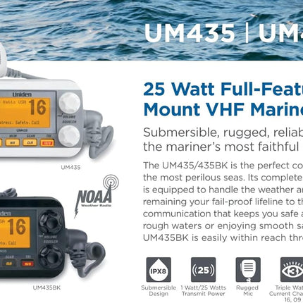 Uniden UM435 Advanced Fixed Mount VHF Marine Radio, All USA/International/Canadian Marine Channels Including New4-Digit, CDN “B” Channels, 1 Watt/25 Watt Power, Waterproof IPX8 Submersible, White