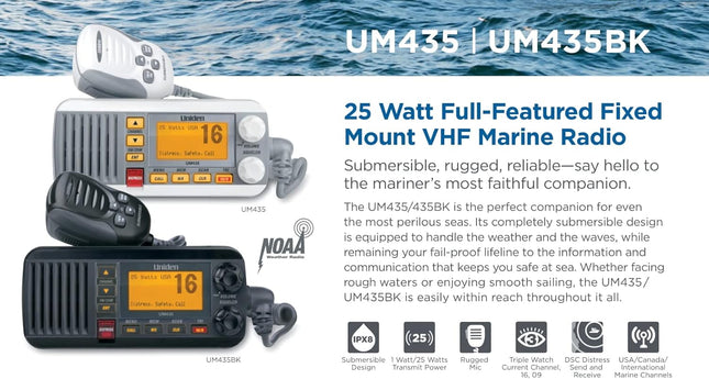 Uniden UM435 Advanced Fixed Mount VHF Marine Radio, All USA/International/Canadian Marine Channels Including New4-Digit, CDN “B” Channels, 1 Watt/25 Watt Power, Waterproof IPX8 Submersible, White