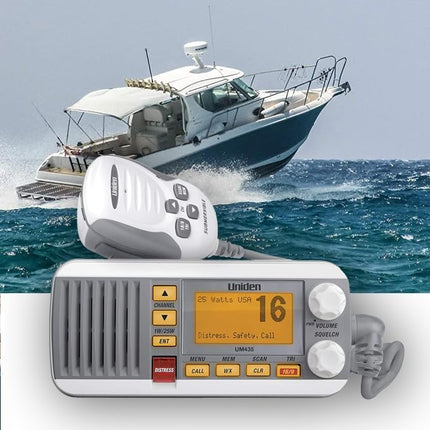 Uniden UM435 Advanced Fixed Mount VHF Marine Radio, All USA/International/Canadian Marine Channels Including New4-Digit, CDN “B” Channels, 1 Watt/25 Watt Power, Waterproof IPX8 Submersible, White