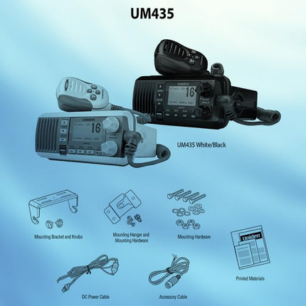 Uniden UM435 Advanced Fixed Mount VHF Marine Radio, All USA/International/Canadian Marine Channels Including New4-Digit, CDN “B” Channels, 1 Watt/25 Watt Power, Waterproof IPX8 Submersible, White