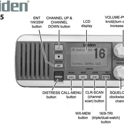 Uniden UM435 Advanced Fixed Mount VHF Marine Radio, All USA/International/Canadian Marine Channels Including New4-Digit, CDN “B” Channels, 1 Watt/25 Watt Power, Waterproof IPX8 Submersible, White