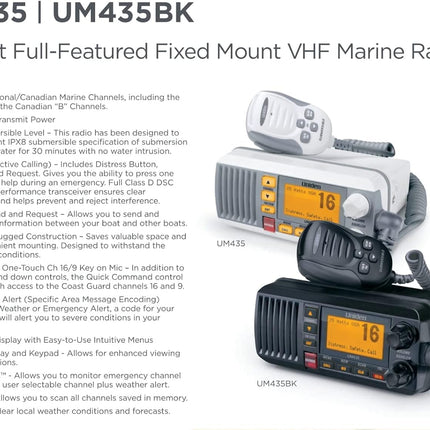 Uniden UM435 Advanced Fixed Mount VHF Marine Radio, All USA/International/Canadian Marine Channels Including New4-Digit, CDN “B” Channels, 1 Watt/25 Watt Power, Waterproof IPX8 Submersible, White