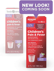 Amazon Basic Care Children's Acetaminophen 160 mg per 5 mL Oral Suspension, Grape Flavor, Pain Reliever and FeverReducer for Headache, Sore Throat and Toothache, 4 fl oz (Pack of 1)